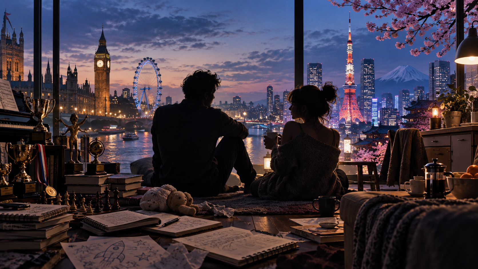 Two former child prodigies standing between London and Tokyo city lights