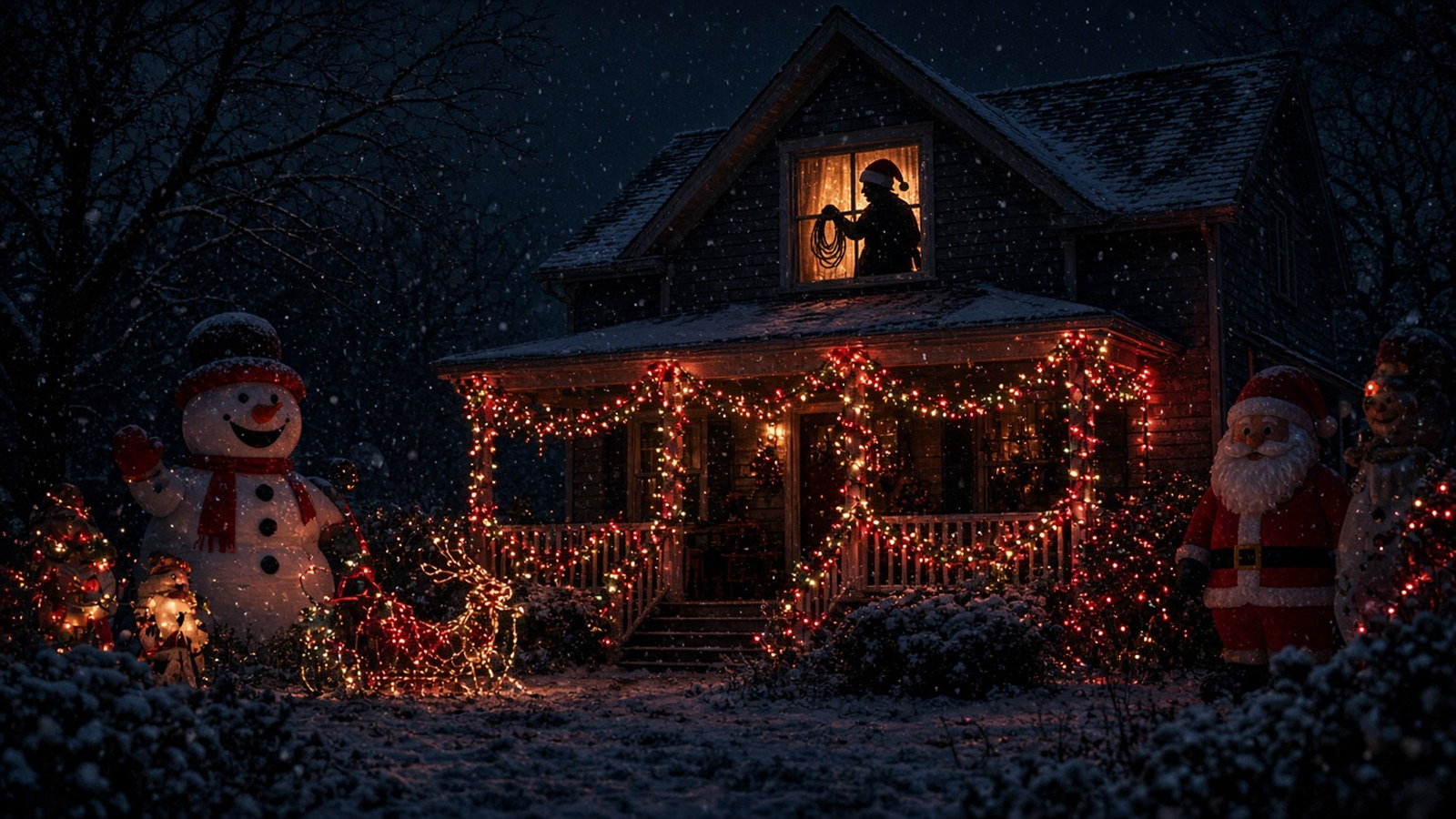 AI artwork of a suburban house at night smothered in Christmas lights, with a lone figure in a Santa hat silhouetted in a glowing upstairs window as snow falls