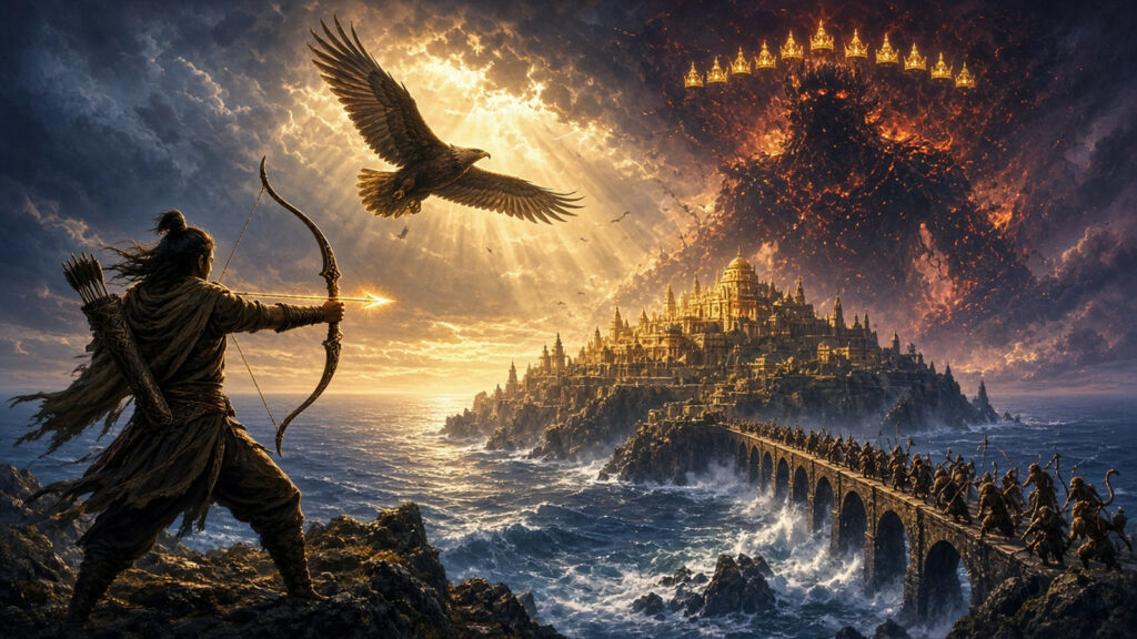 AI artwork of a lone archer drawing a glowing golden bow on a rocky ridge at dawn, facing a towering shadowy crowned figure of smoke and fire above a golden island fortress across the sea