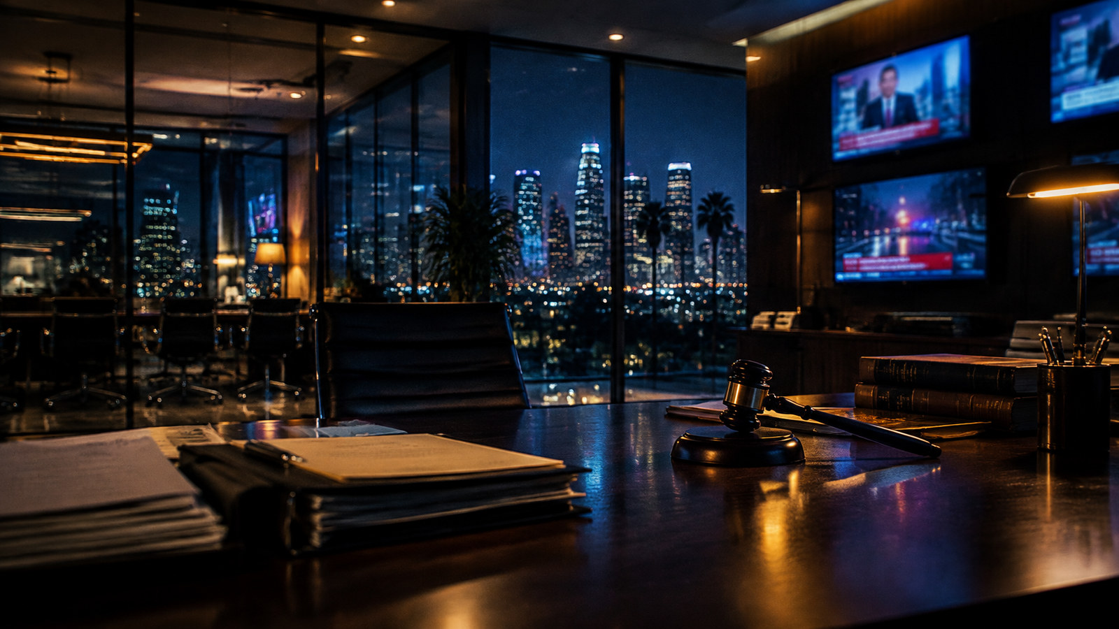 AI artwork: a modern law office at night with legal files and a gavel on a desk, city lights through glass walls and news screens glowing on the wall