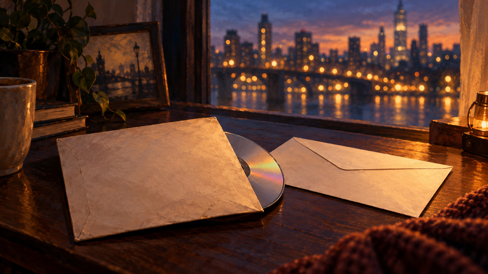 Symbolic illustration of a DVD and envelopes on a desk by a city window