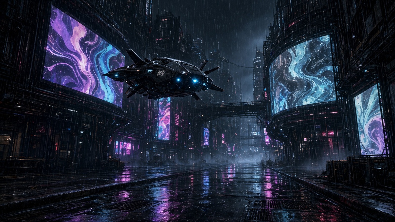 AI artwork of a rain-soaked neon city street at night with giant video screens and a flying craft overhead