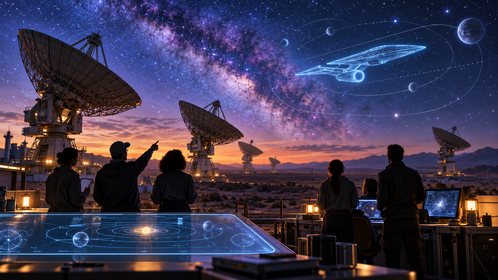 Original editorial illustration of scientists and storytellers beneath radio telescopes and a star-filled sky