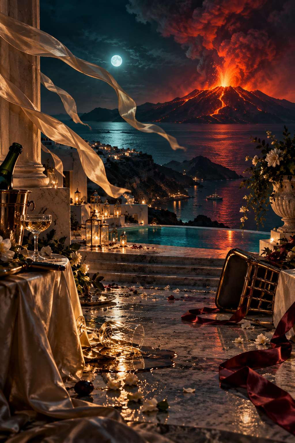 AI-created editorial illustration evoking Sacrifice through an abandoned Greek-island gala terrace beneath a glowing volcano