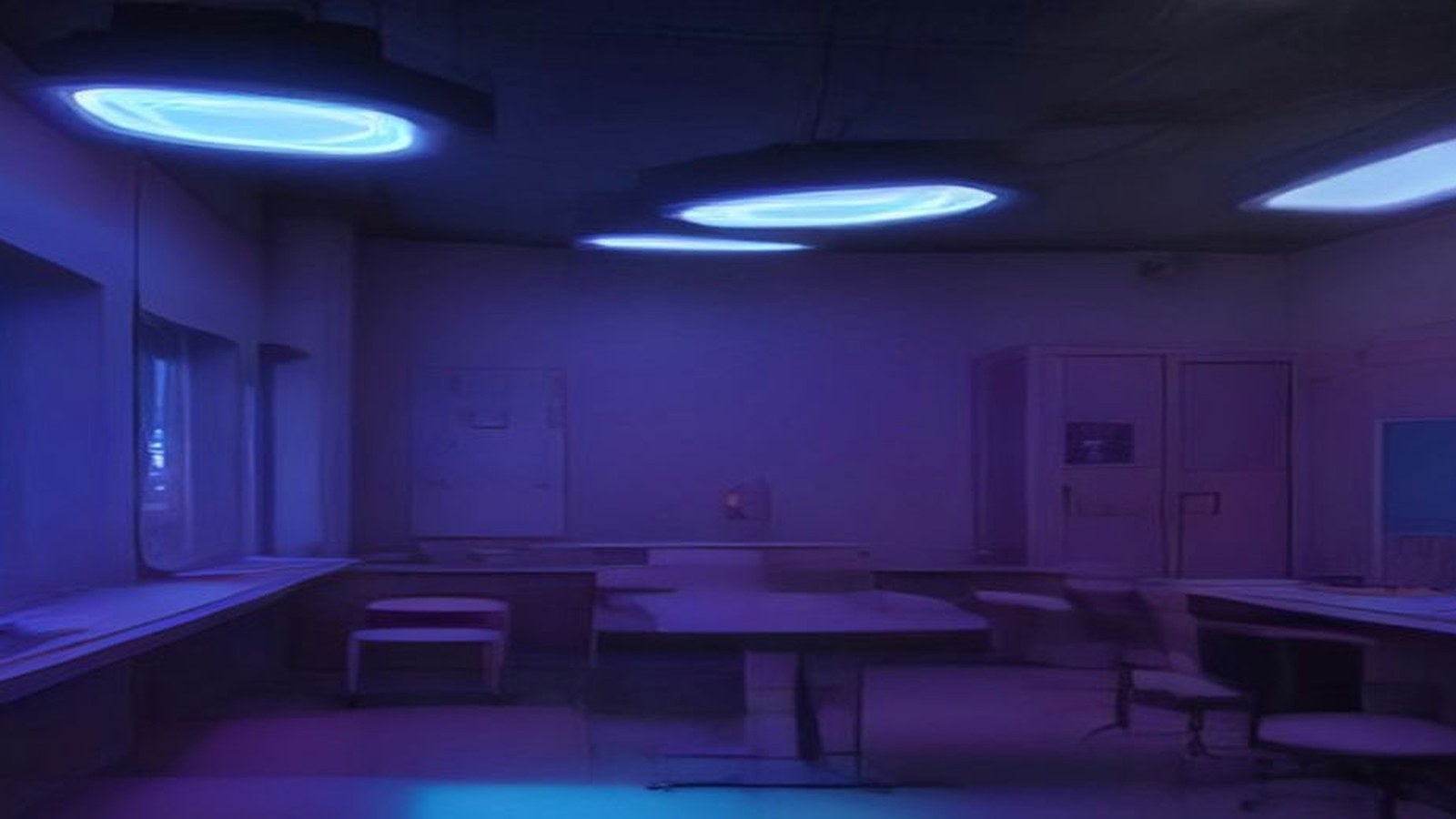 AI artwork of an empty laboratory at night bathed in blue and violet light from round ceiling lamps