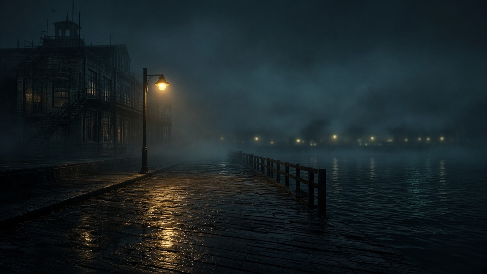 AI artwork of a foggy, rain-slicked waterfront boardwalk at night under a single street lamp