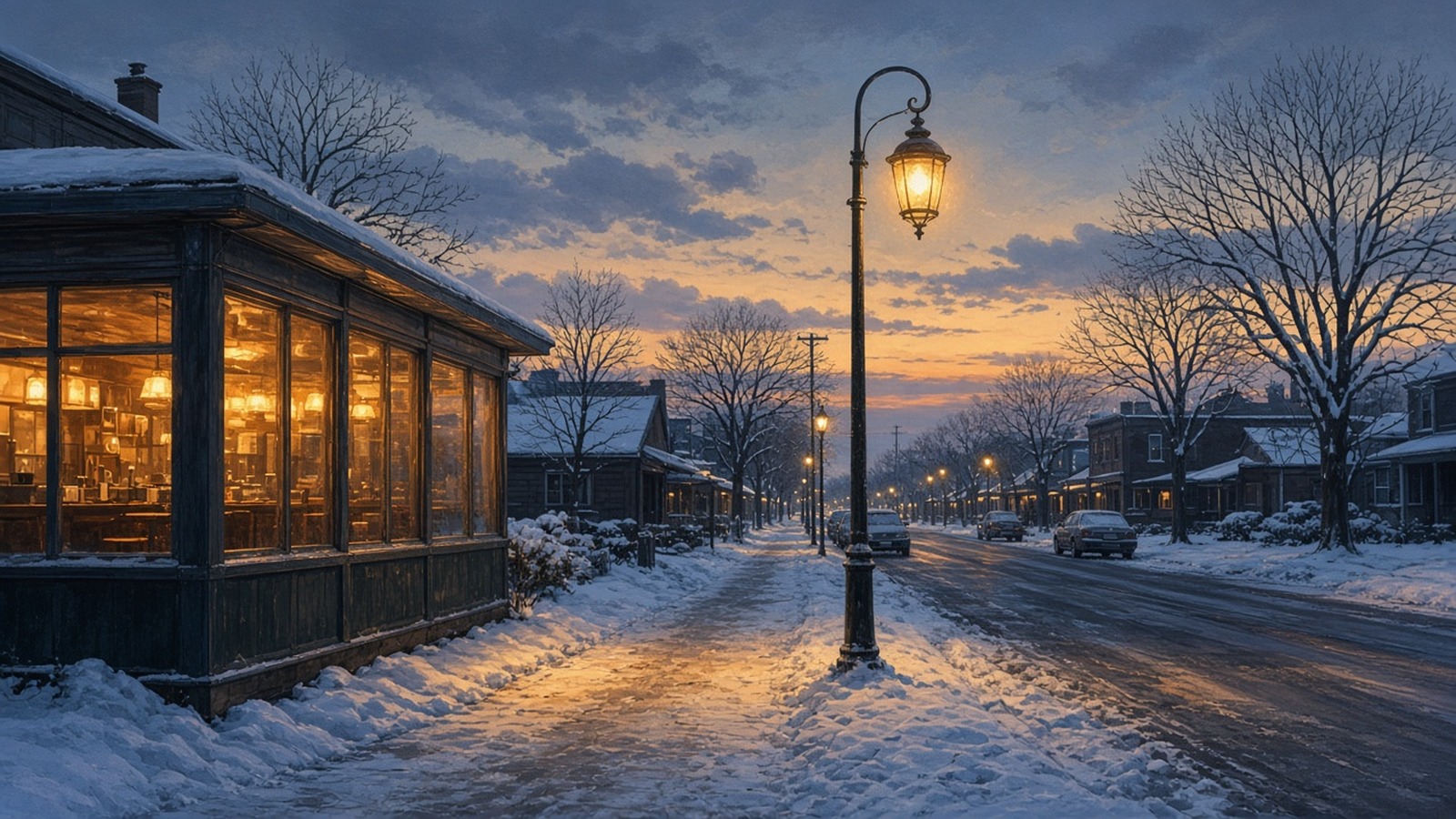 AI artwork of a snowy Midwestern street at dusk with a glowing diner and an old street lamp