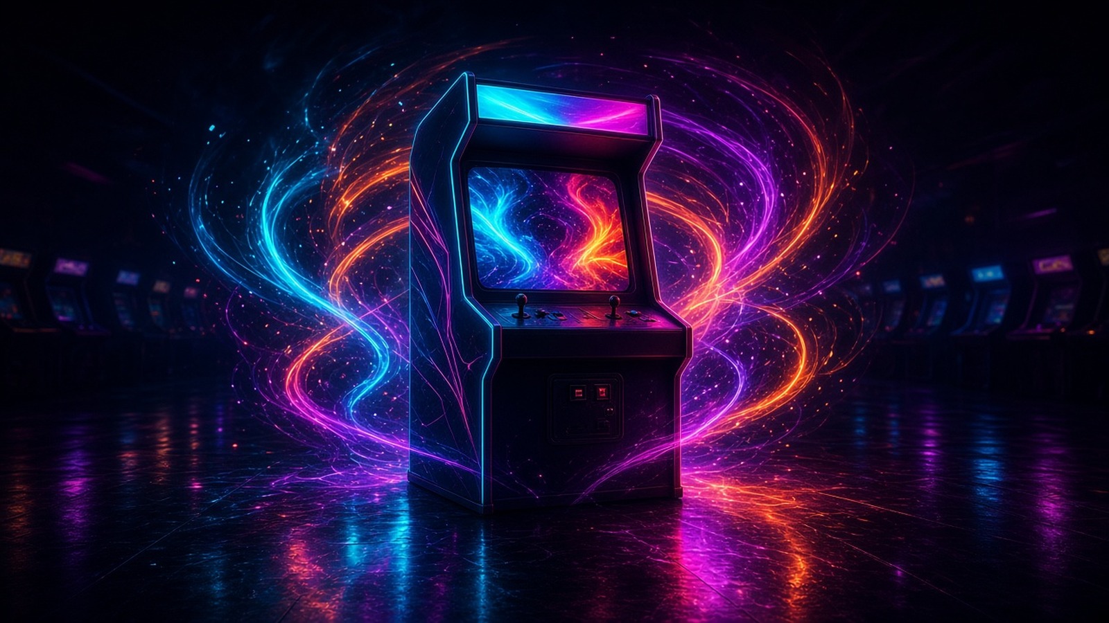 AI artwork of a neon arcade cabinet surrounded by swirling streaks of coloured light