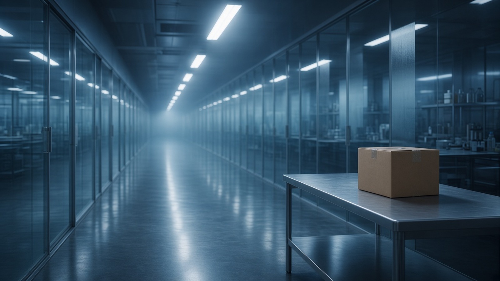 AI artwork of a long, empty, clinical laboratory corridor with a single cardboard box on a bench