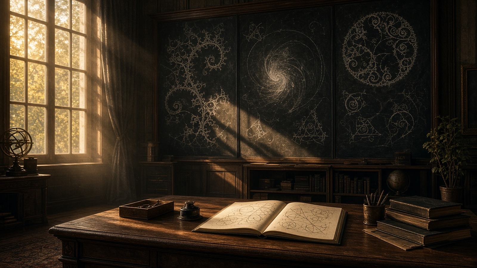AI artwork of a sunlit study with fractal mathematical diagrams on the wall and an open notebook on a desk