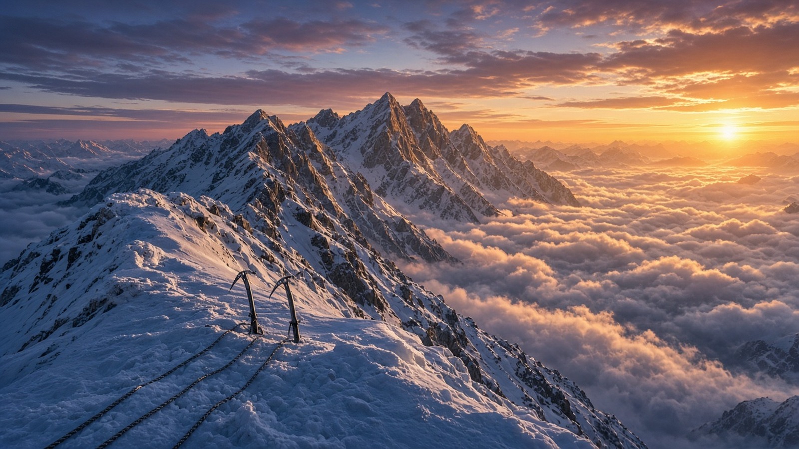 AI artwork of a snow-covered Himalayan ridge above a sea of clouds at sunrise