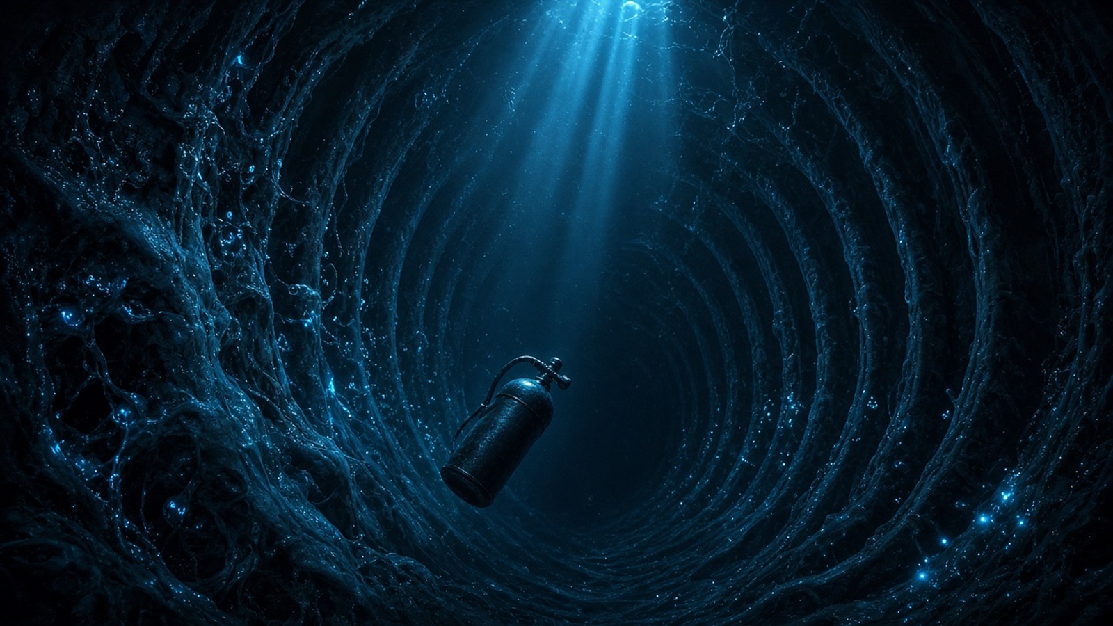 AI artwork of a diver's oxygen tank sinking into a dark, ribbed underwater tunnel lit by a shaft of light
