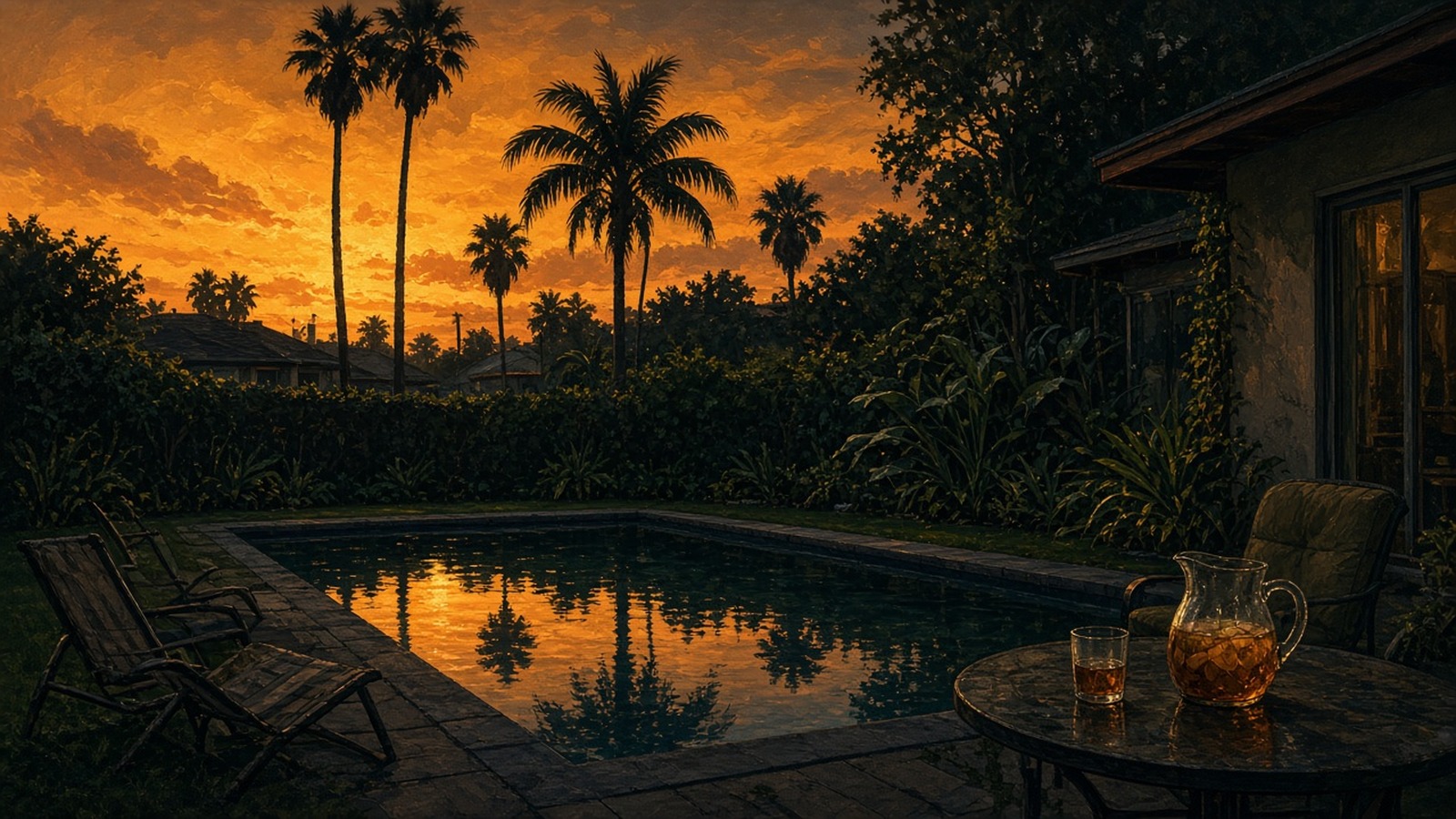 AI artwork of a suburban Los Angeles backyard pool at sunset framed by palm trees