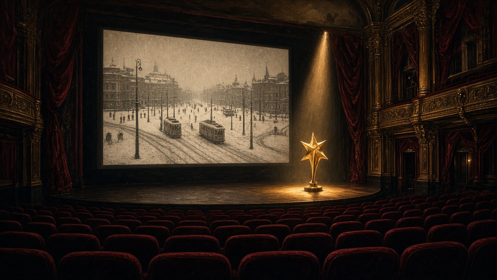 AI artwork of a London cinema facade at dusk with festival bunting and a glowing marquee