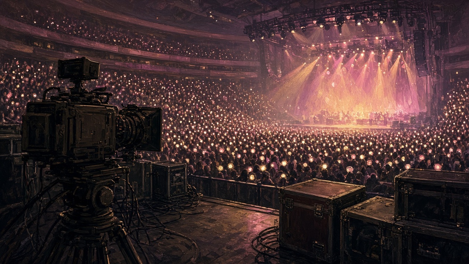 AI artwork of a packed arena stage seen from the wings, with a silhouette at a microphone under white light