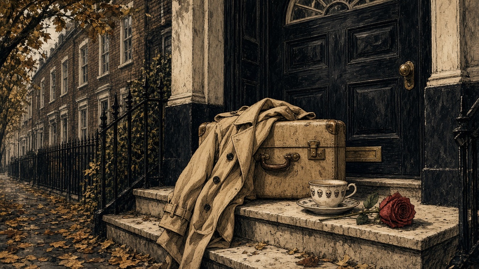 AI artwork of a rain-slicked London street at night outside a grand townhouse with lit windows