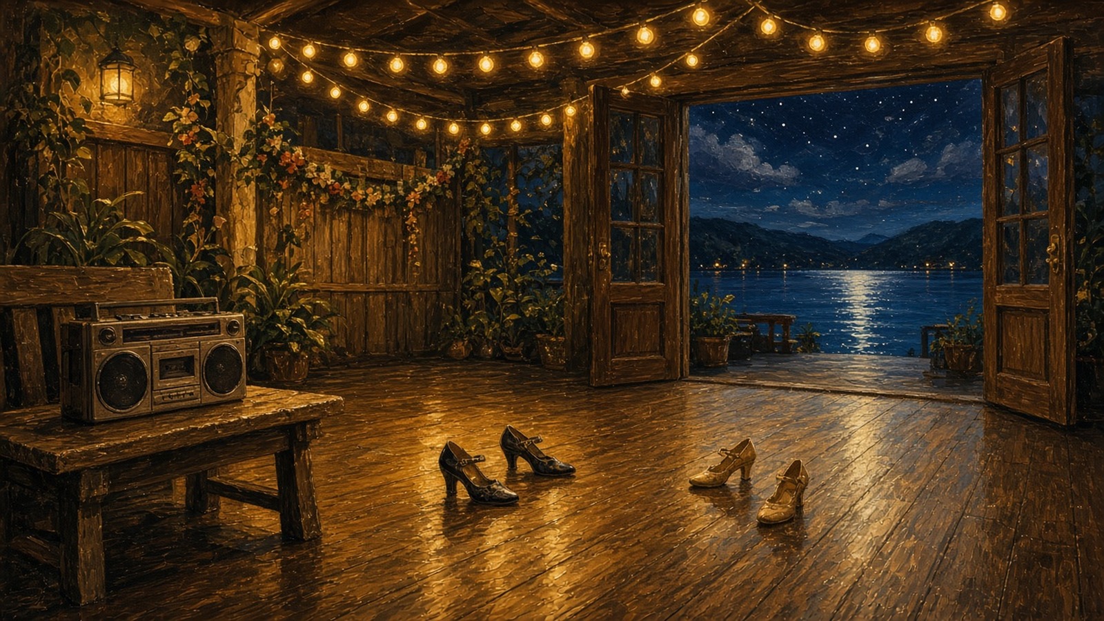 AI artwork of an empty dance floor in a 1990s resort ballroom with a single spotlight and hanging lights