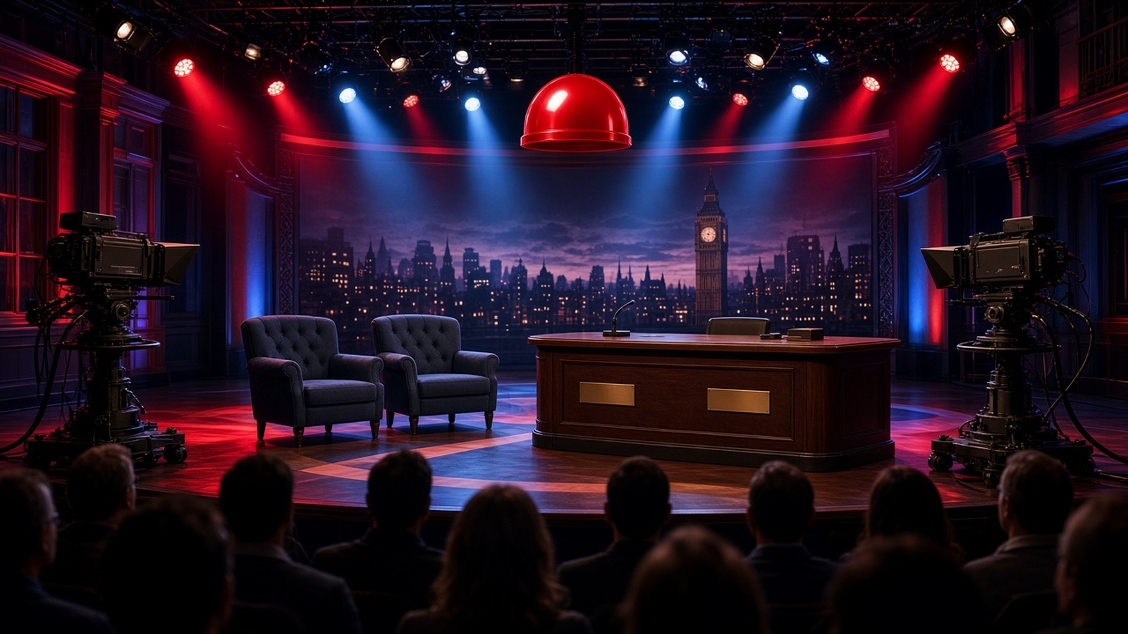 AI artwork of a late-night sketch-show studio set with two empty chairs under bright stage lights