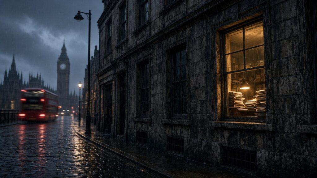 AI artwork of a shabby London office building at dusk in light drizzle, with one lit upper-floor window and stacked files inside