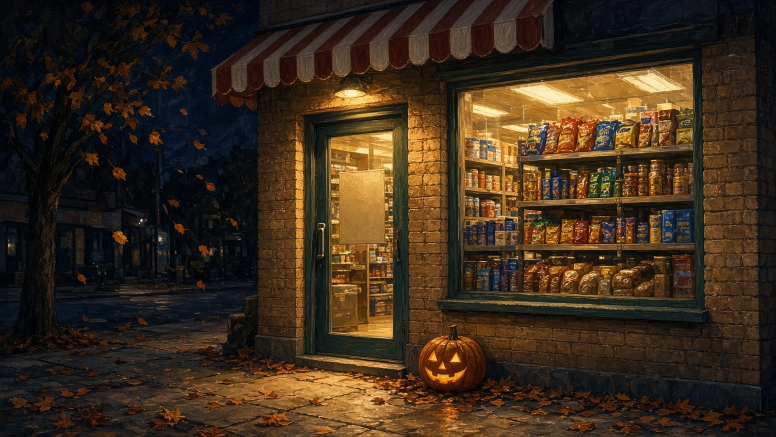 AI artwork of a brightly lit neighbourhood convenience store at night, warm light spilling onto the pavement