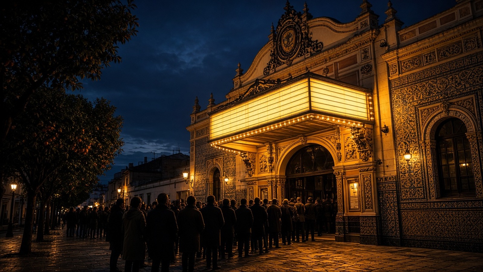 AI artwork of a grand old Spanish-style cinema facade at night with a glowing blank marquee and a queue of silhouetted figures