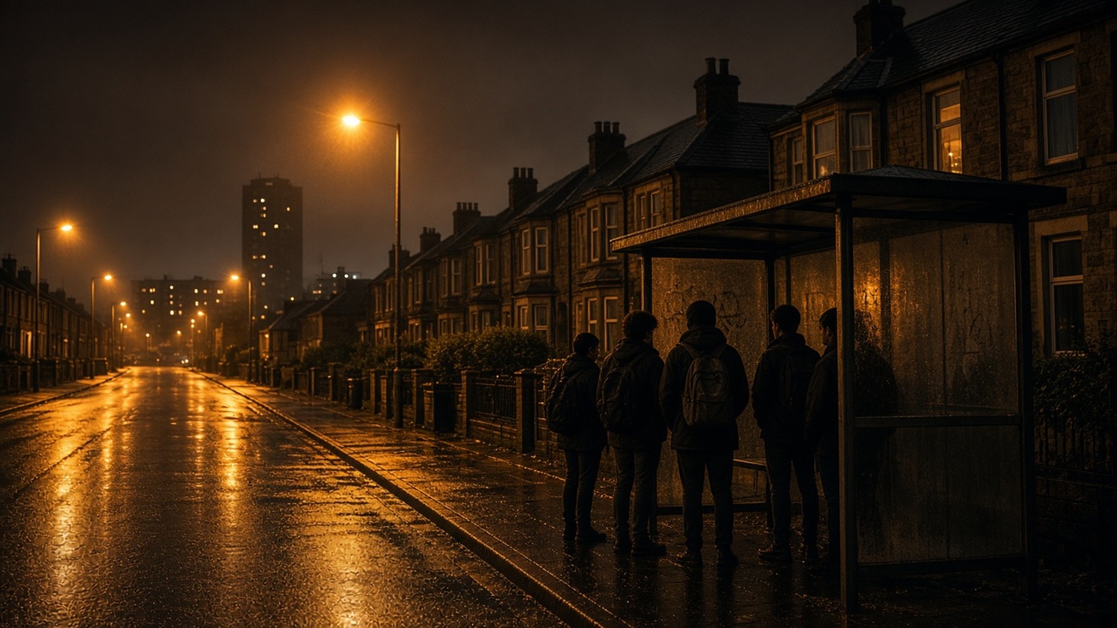AI artwork of a Scottish small-town street at night under sodium streetlights, with terraced houses and a distant tower block