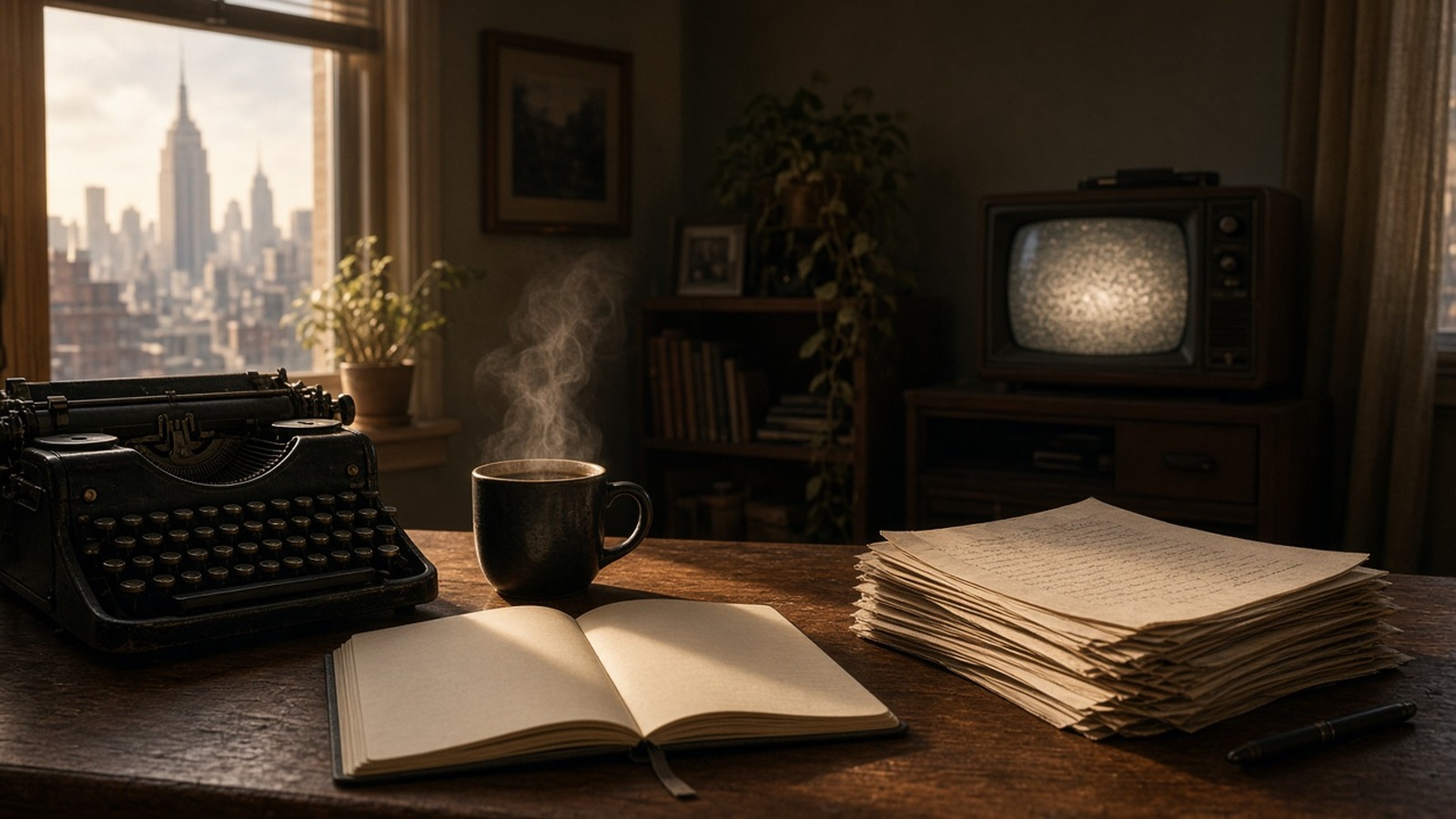 AI artwork of a writer's desk in a sunlit New York apartment with an open notebook, a vintage typewriter and script pages