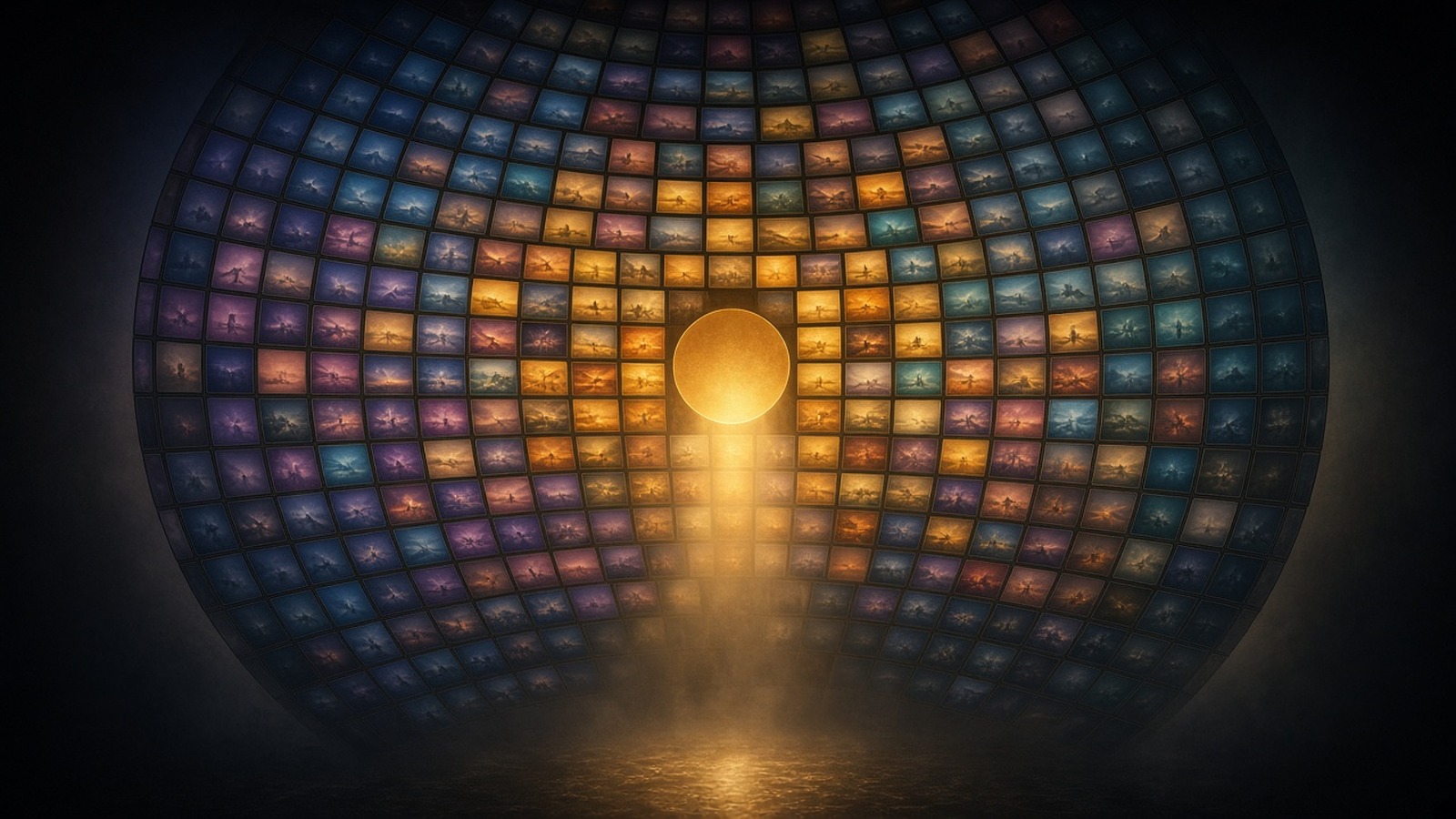 AI artwork of a vast circular wall of glowing film frames from many cultures arranged like a mosaic globe