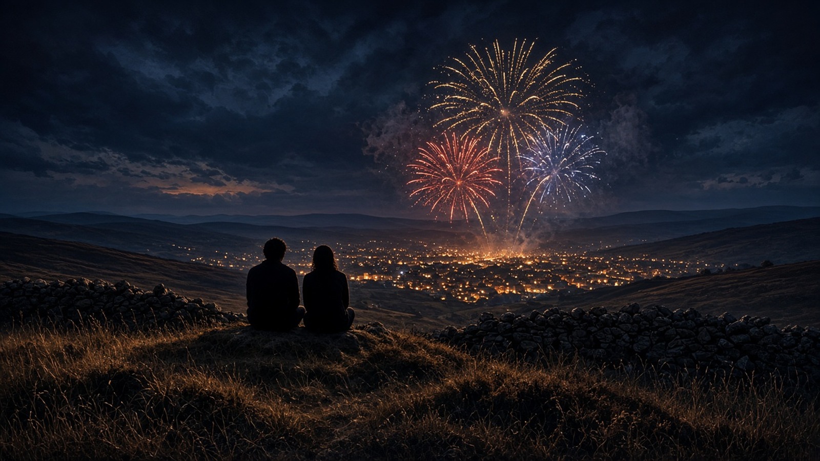 AI artwork of two silhouetted figures sitting on a Yorkshire hilltop at night as fireworks burst over a distant town