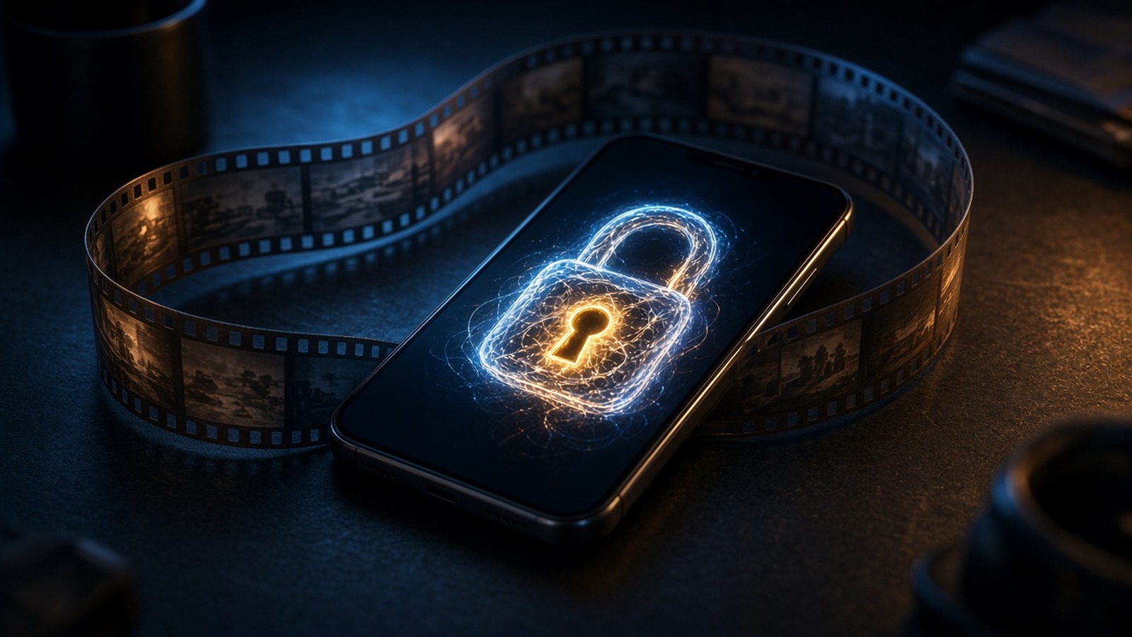 AI artwork of a smartphone on a dark desk, its screen glowing with an abstract unlocked padlock made of light