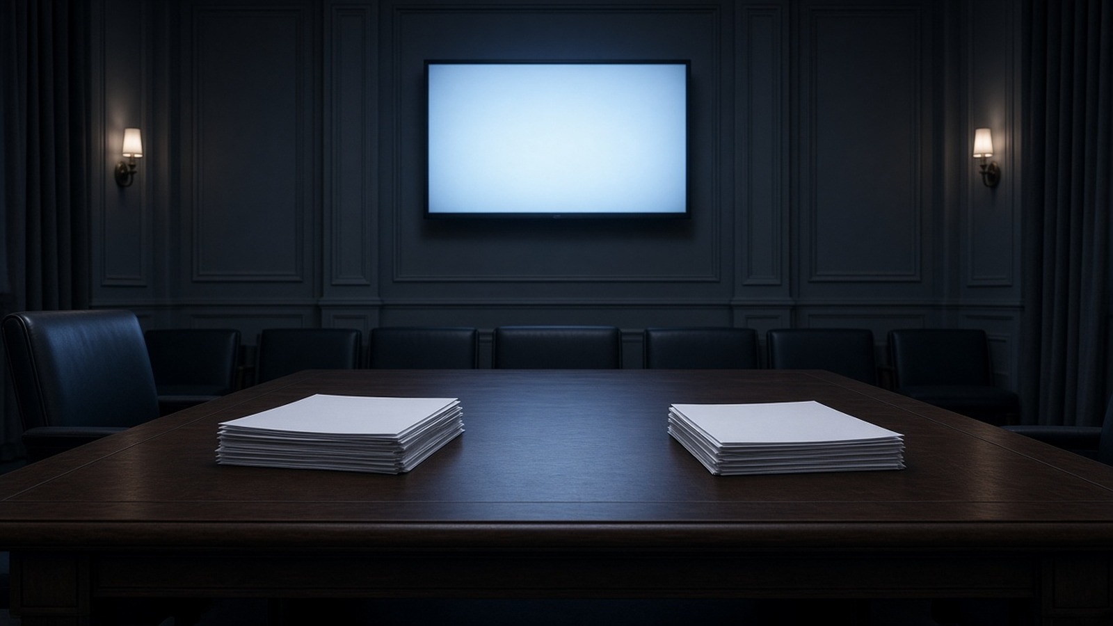 AI artwork of an empty, dimly lit hearing room with a long wooden table and two neat stacks of papers