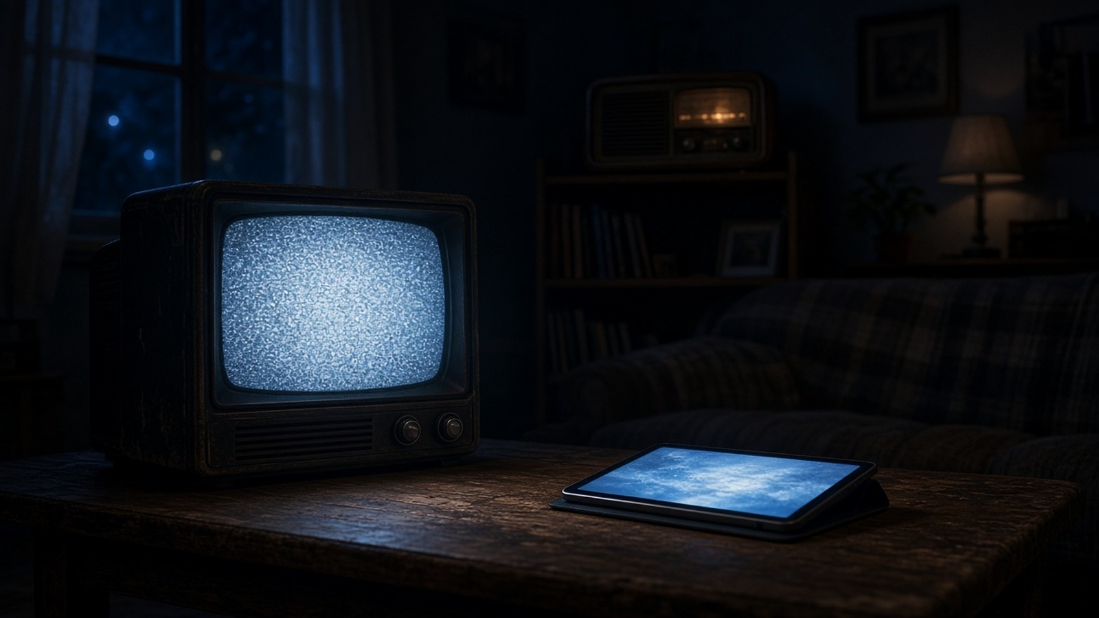 AI artwork of an old television glowing in a dark living room beside a brightly lit tablet, with a vintage radio on a shelf behind