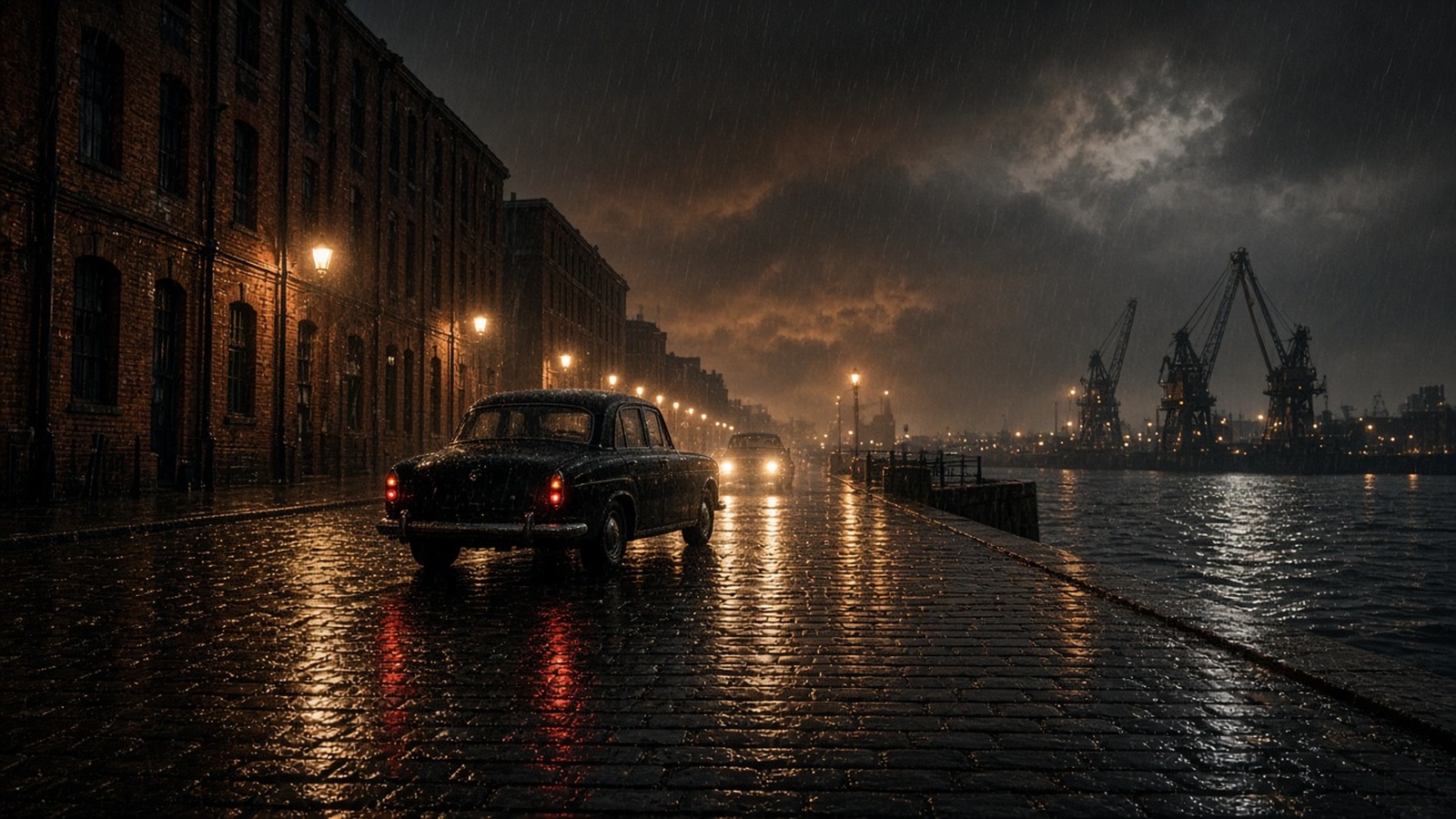 AI artwork of a rain-soaked waterfront at night with red-brick warehouses, wet cobbles and a car idling by the dock