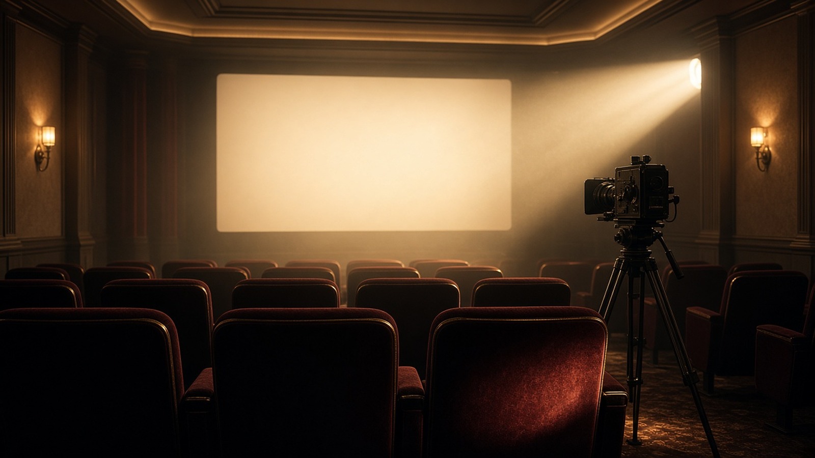 AI artwork of an empty screening room lit by a projector beam, with a documentary camera on a tripod in the aisle
