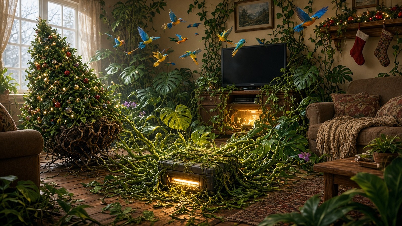 AI artwork of a Christmas living room overrun by jungle vines bursting from a glowing retro games console
