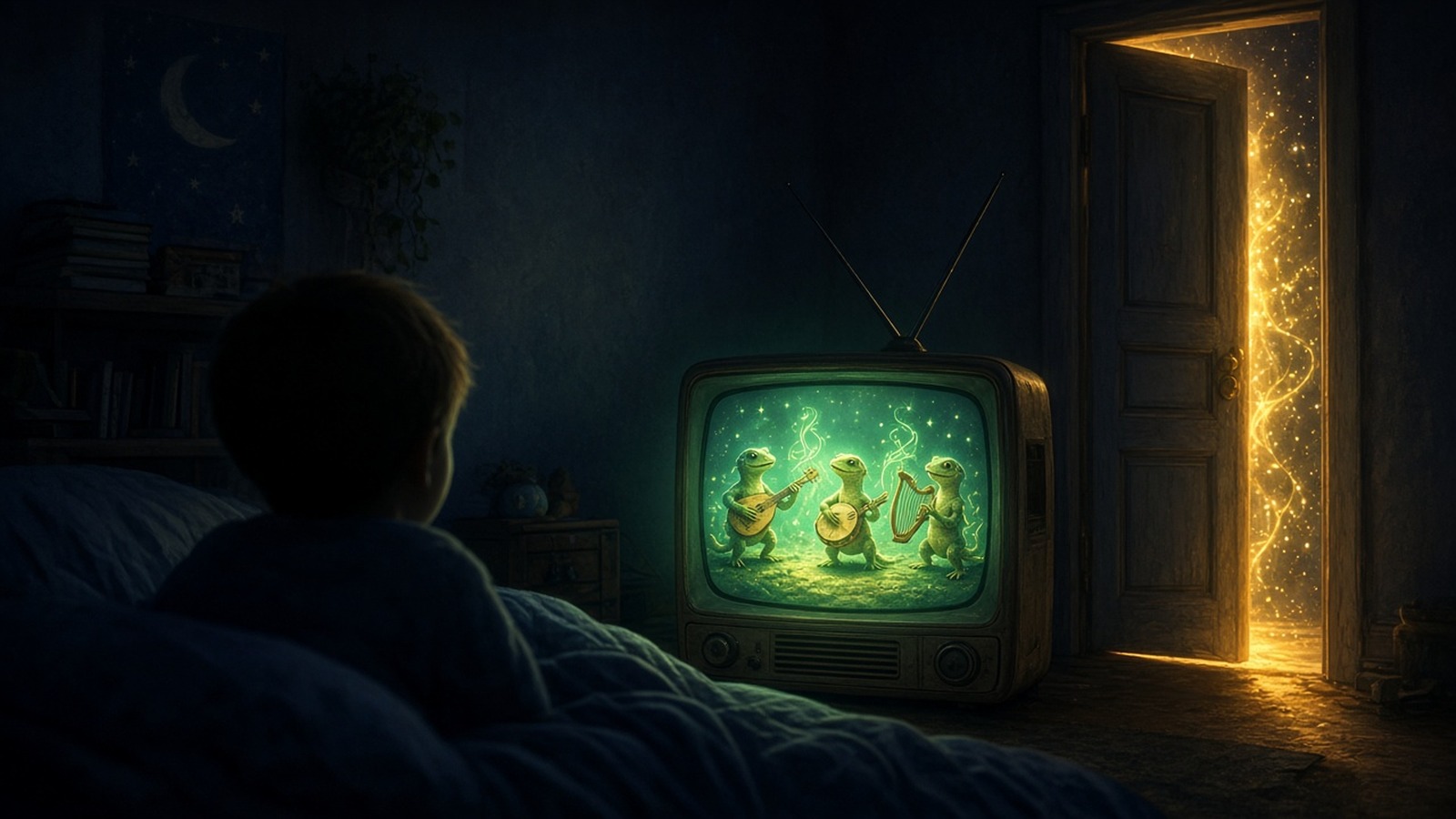 AI artwork of a boy in silhouette watching an old television showing a band of glowing lizards late at night