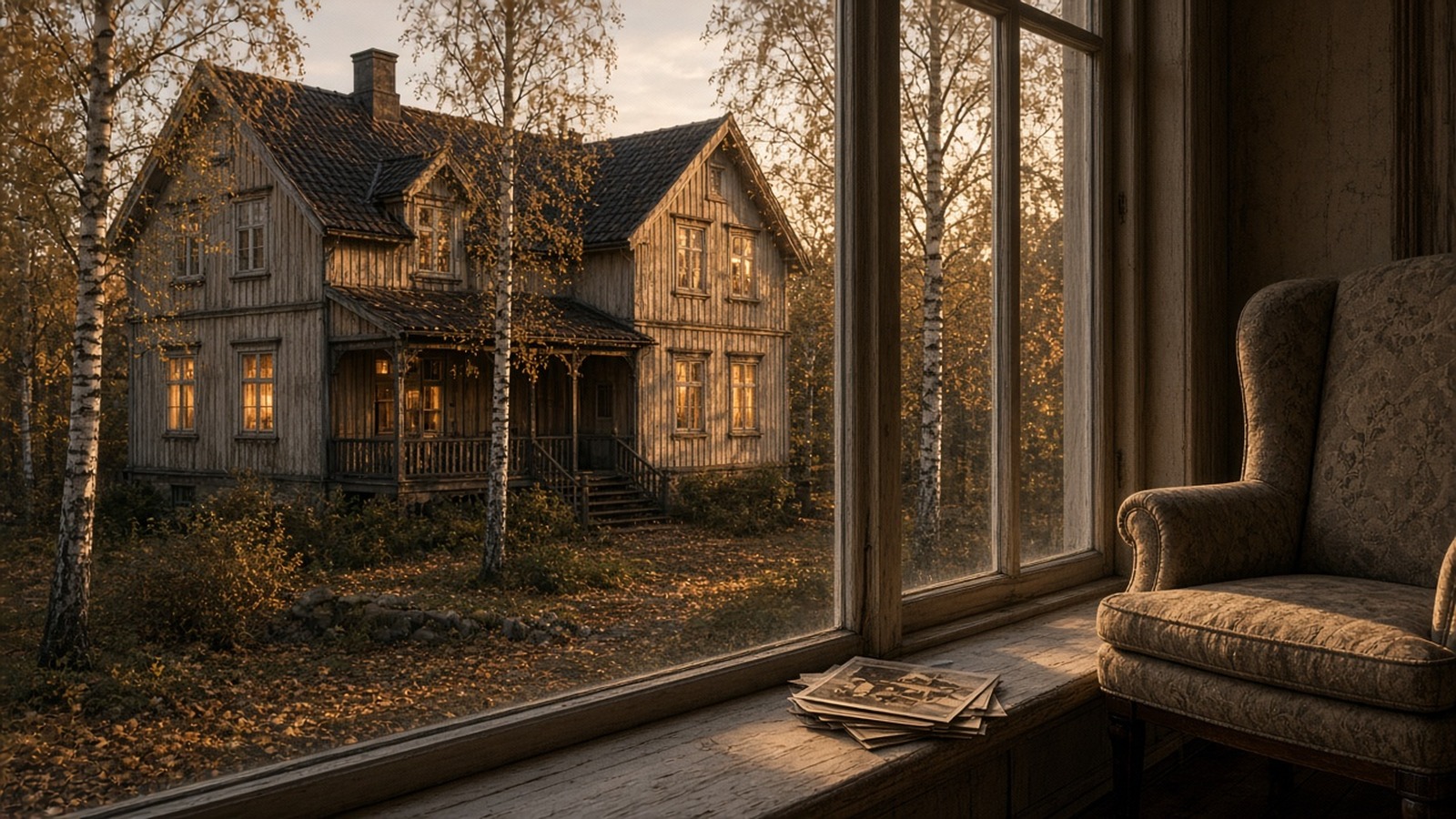 AI artwork of a weathered wooden Scandinavian family house at golden hour seen from a sunlit room with an empty armchair