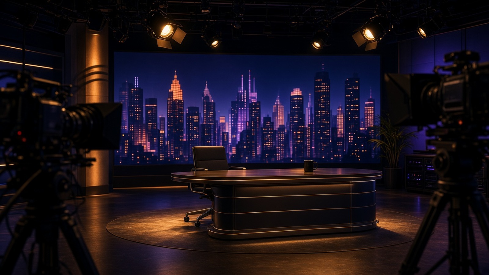 AI artwork of an empty late-night satirical news studio with an anchor desk and a glowing city skyline on the video wall