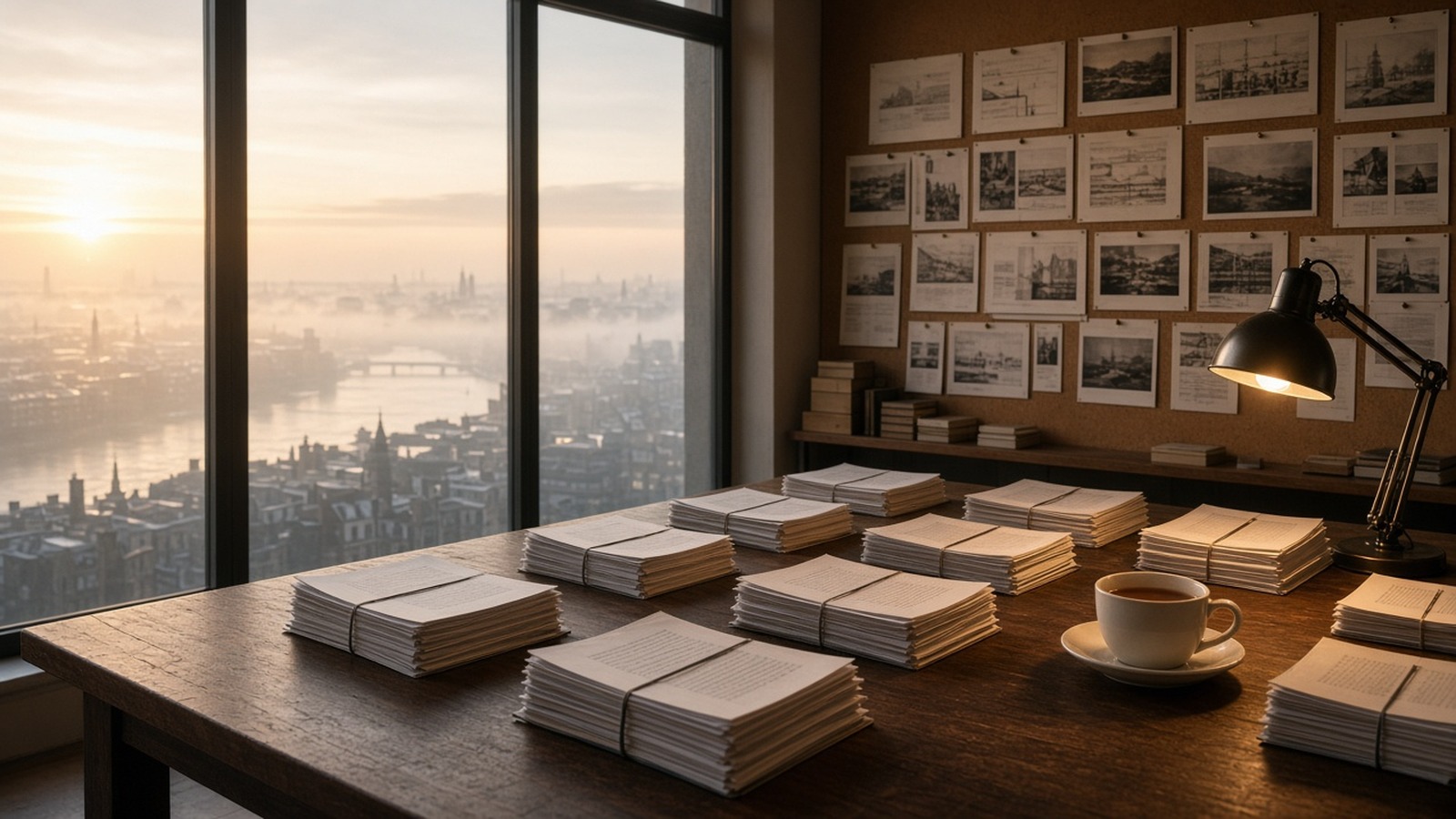 AI artwork of a bright London production office at dawn with stacked screenplays and storyboards on a corkboard