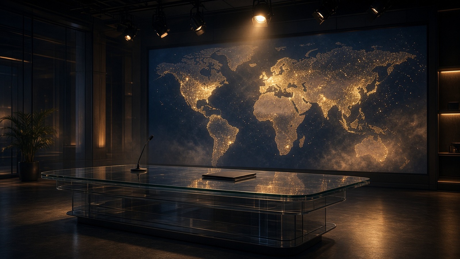 AI artwork of an empty international news studio with a glass desk and a glowing world map on the screen behind