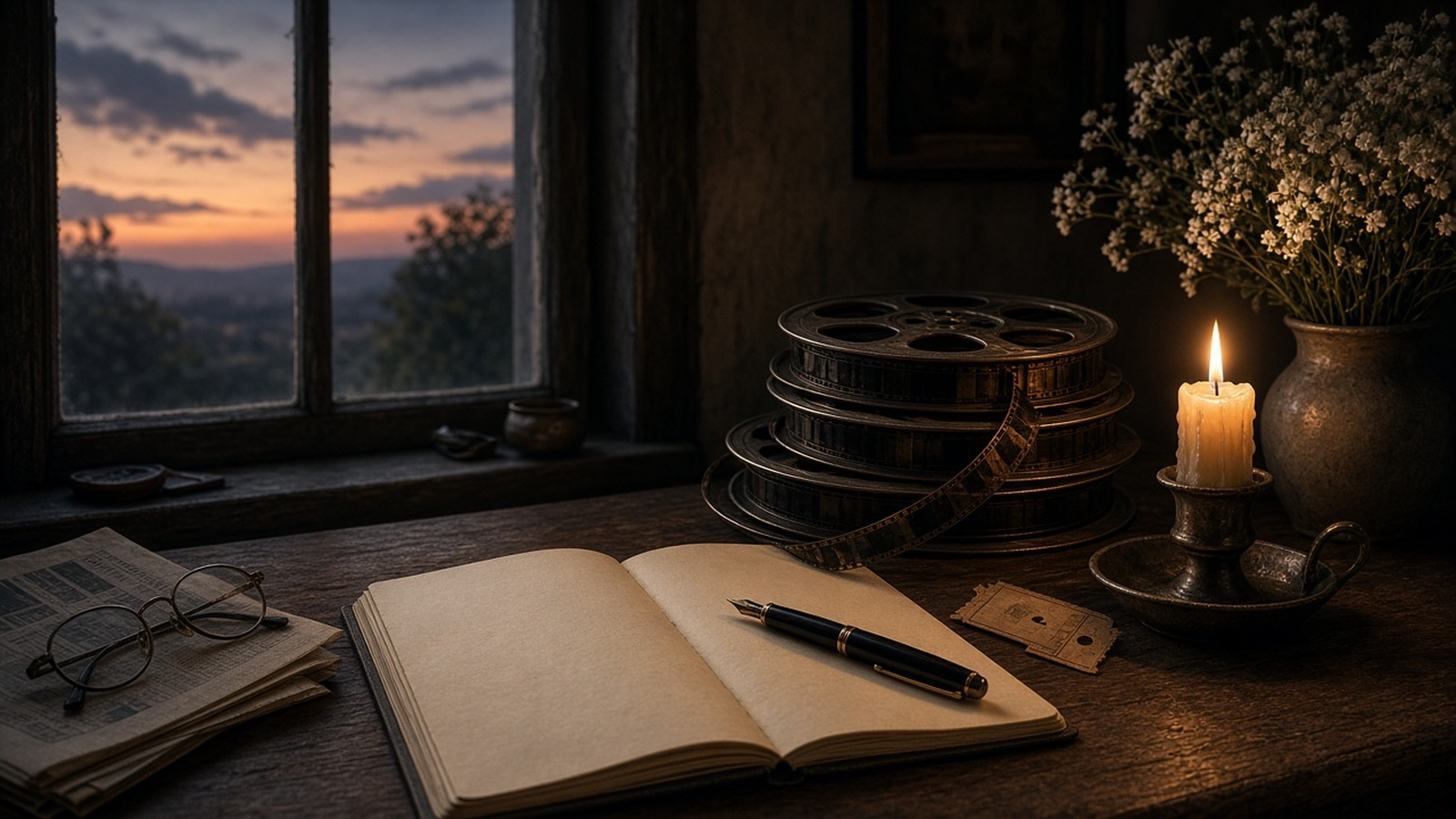AI artwork of a quiet writer's desk at dusk with an open notebook, film reels, a candle and white flowers