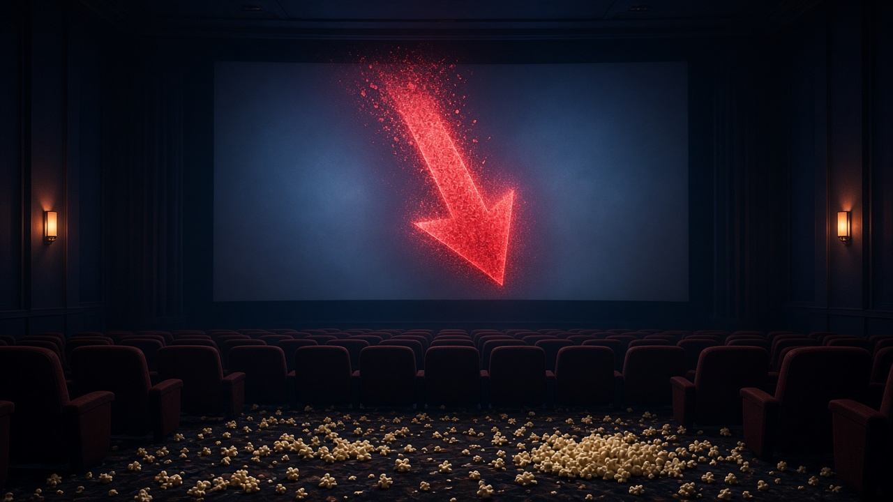 AI illustration of a falling red arrow on an empty cinema screen