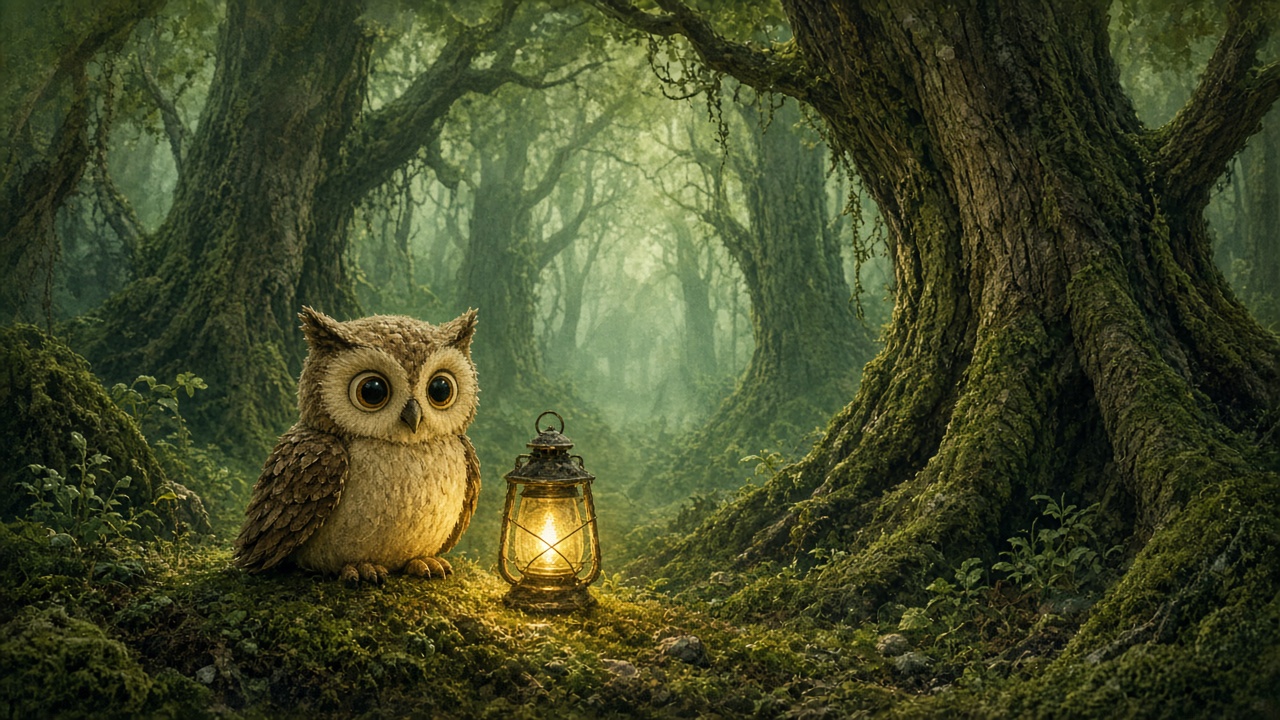 AI illustration of an owl beside a glowing lantern in a dense green forest