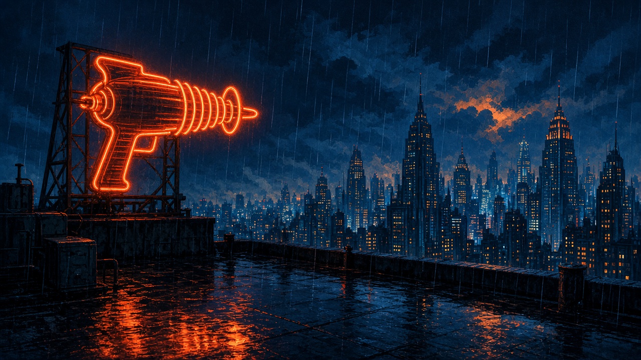 AI illustration of a neon ray-gun sign above a rainy futuristic city
