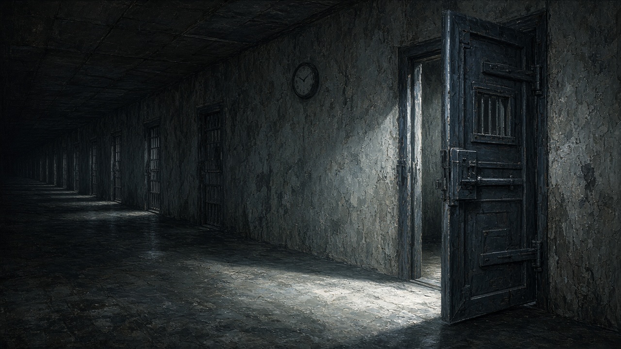 AI illustration of a dark institutional corridor with a clock and heavy doors