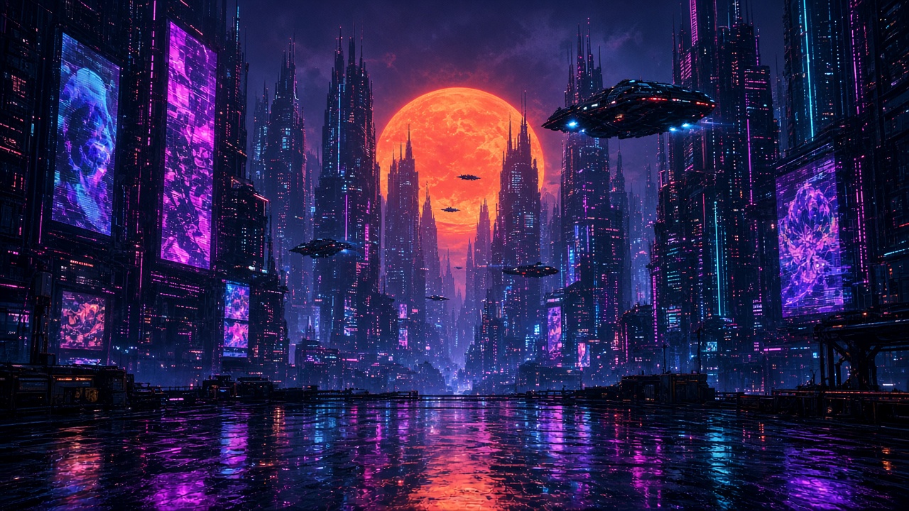 AI illustration of a purple futuristic city, flying craft and a large orange sun