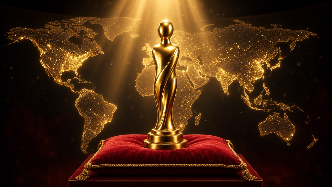 AI illustration of an abstract golden film trophy before a world map