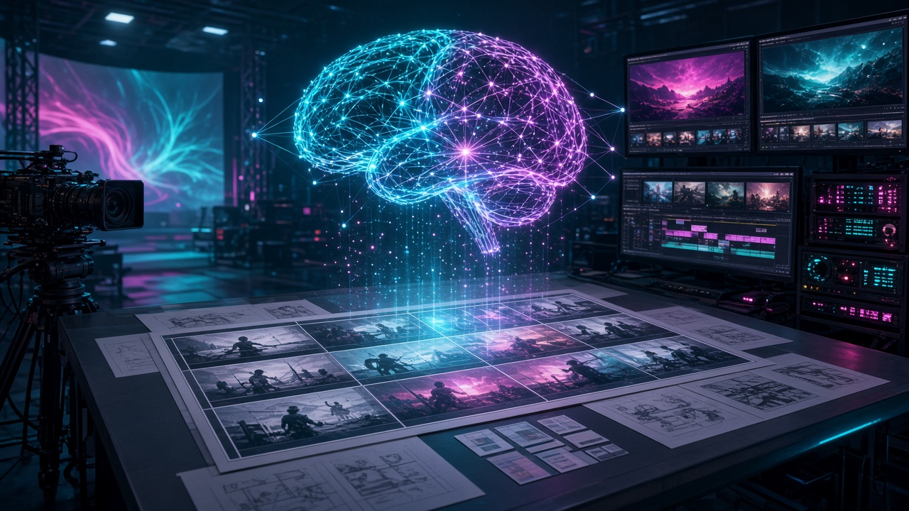 AI illustration of a glowing digital brain above storyboards in a production studio
