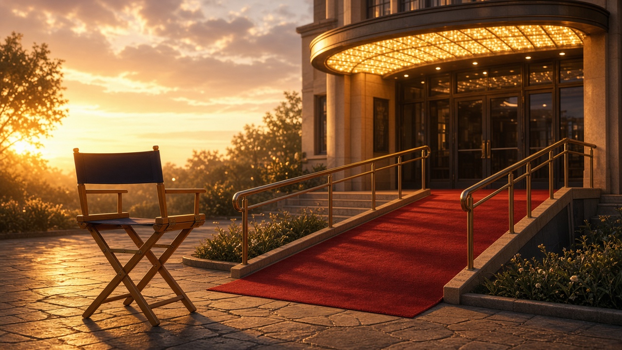 AI illustration of a director's chair beside a red-carpet access ramp at a cinema