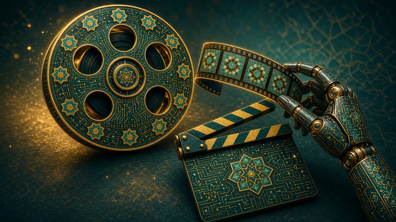 AI illustration of an ornate film reel and clapperboard held by a mechanical hand